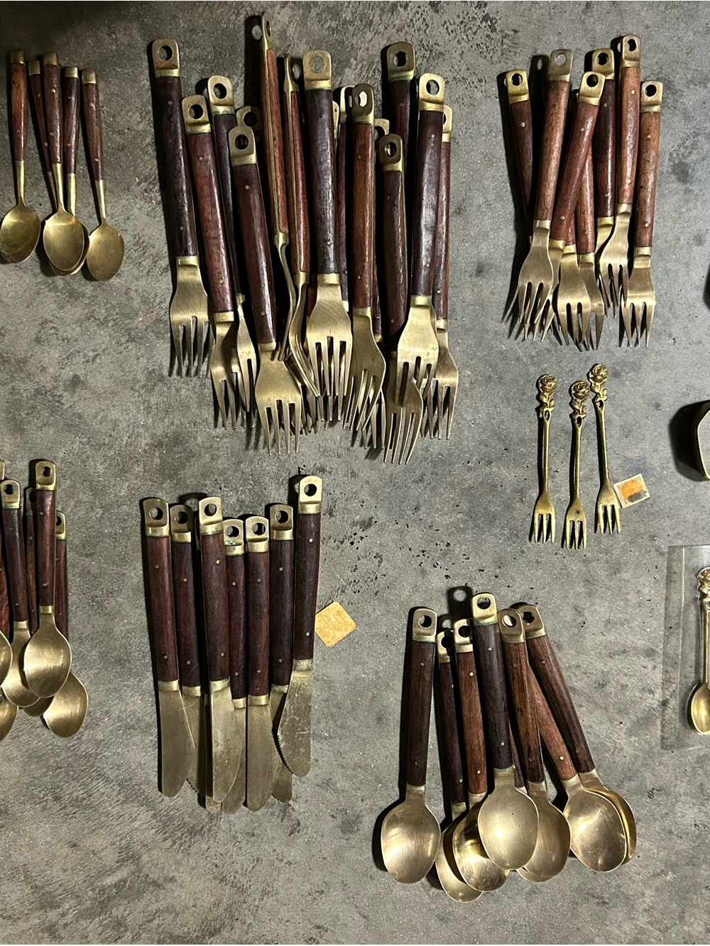 Vintage Brass & Teak Flatware Lot Mid Century Modern MCM Utensils & Napkin Rings